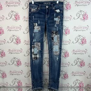 Grace in LA jeans skinny leg patches embroidered Blue Patchwork Skinny Jeans